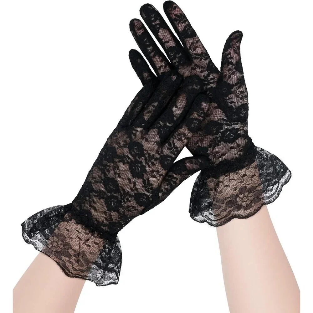 Women's Black Short Nylon Mesh Imported Nylon Sheer Lace Ruffles Gloves
